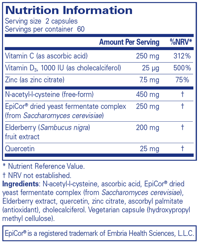 Close-up of two capsules of Pure Encapsulations PureDefense supplement showing the vegetarian capsule and supplement facts label