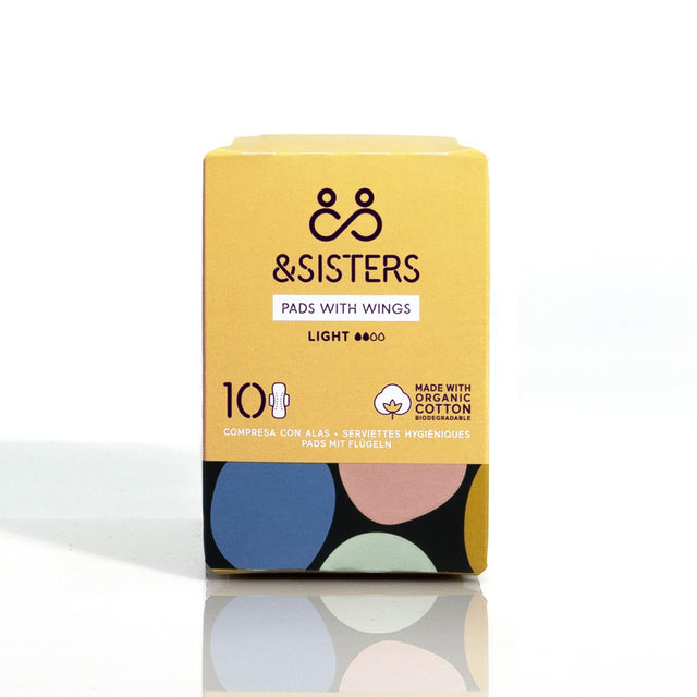 A pack of 10 lightweight, plastic-free, organic cotton period pads with wings, individually bio-wrapped for natural, toxin-free menstrual protection