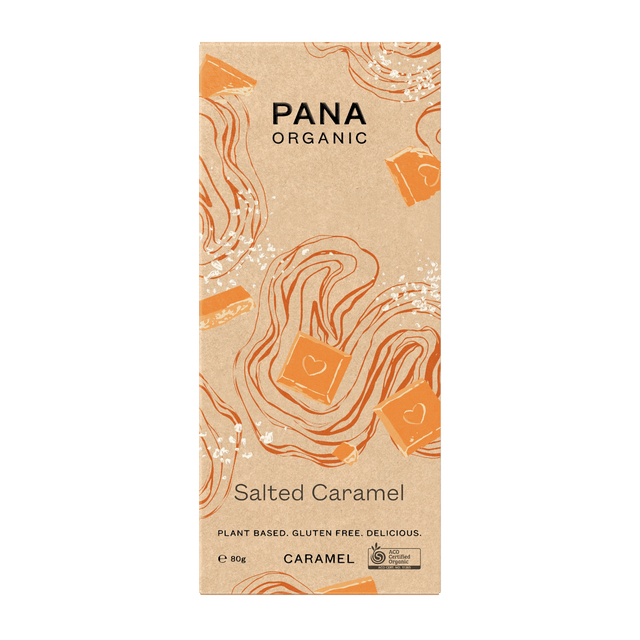 A 80g Pana Organic Salted Caramel chocolate bar featuring rich, creamy salted caramel flavour with organic cacao and coconut ingredients