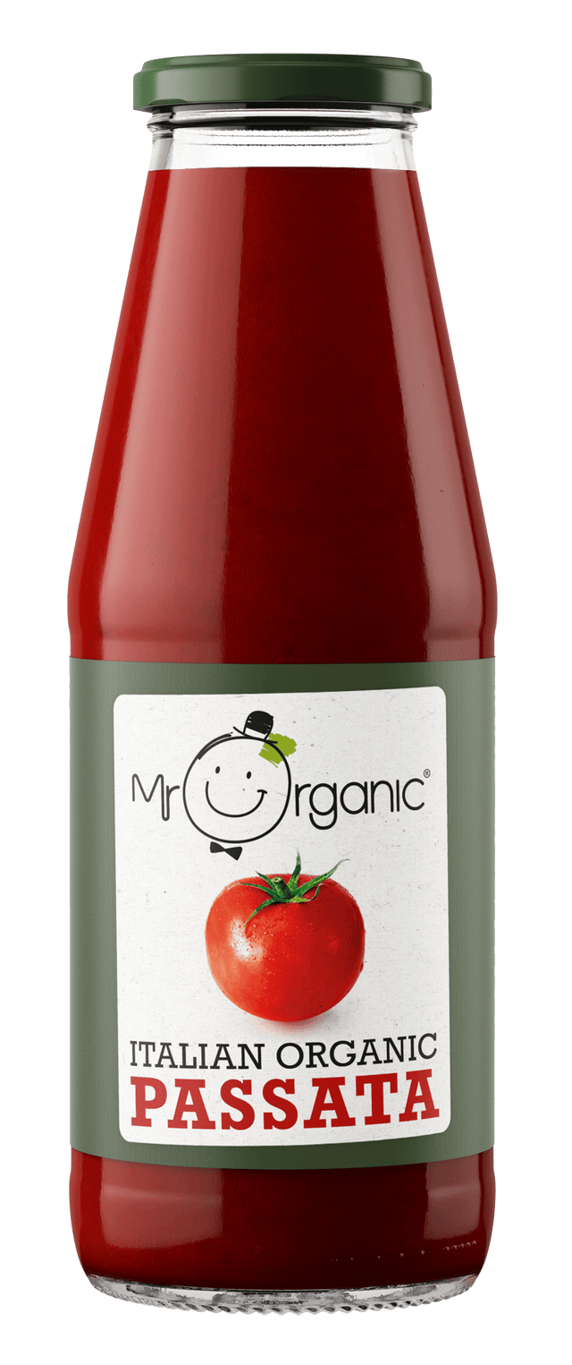 A jar of Mr Organic Passata, 690g, featuring extra thick organic Italian tomato passata made from crushed sun-ripened organic tomatoes with a full-bodied texture and rich, bold flavour