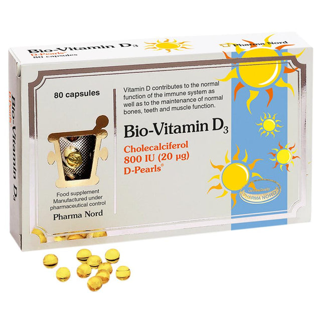 A bottle of Pharma Nord Bio-Vitamin D3 800IU (20mcg) capsules with detailed label and a few capsules visible, highlighting the supplement's oil-based gel pearls containing cholecalciferol (vitamin D3) for enhanced absorption