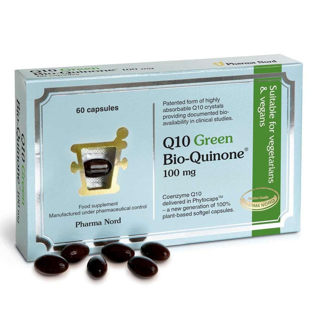A close-up of Pharma Nord Q10 Green Bio-Quinone vegan capsules in a clear container, showing 100mg coenzyme Q10 in plant-based softgel capsules with vibrant green and natural colouring, highlighting its vegan, halal, and kosher compliance