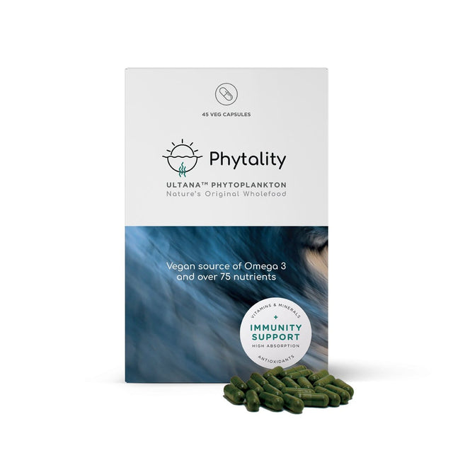 A close-up of the Phytality Ultana Phytoplankton 45 vegan capsules, highlighting the eco-friendly packaging and vibrant green capsules containing multi-strain phytoplankton powder rich in Omega-3, antioxidants, and essential nutrients