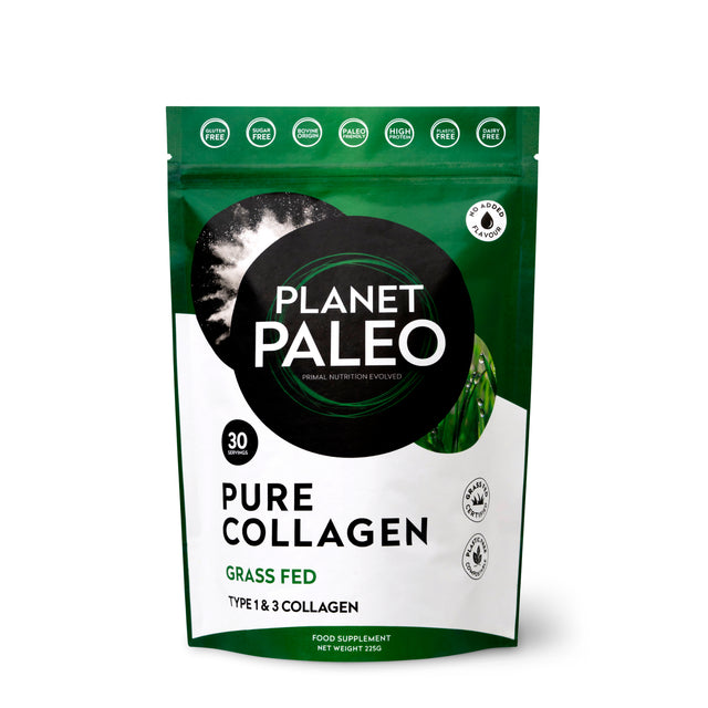 Pure Collagen powder from Planet Paleo, showing the 225g resealable bag with labels and scoop