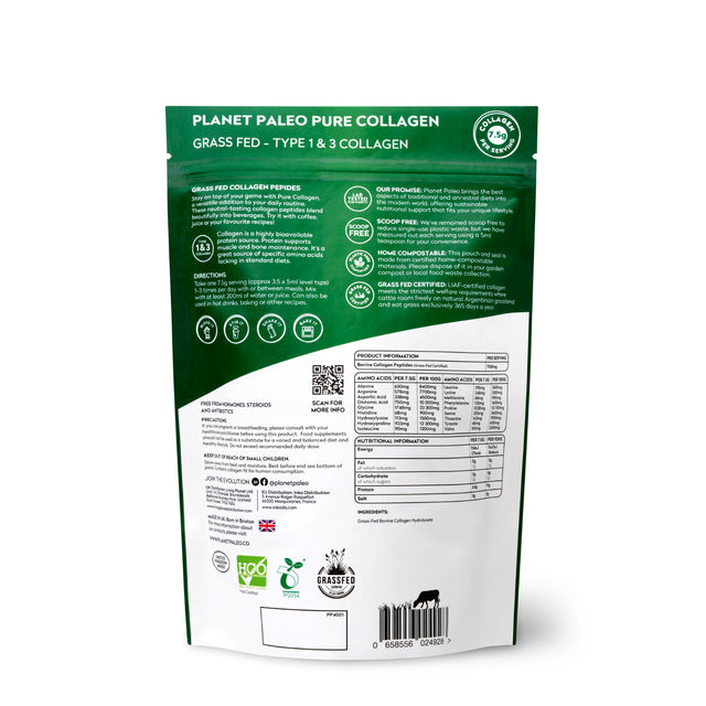 Close-up of Planet Paleo Pure Collagen container, highlighting label details and scoop for serving measurement