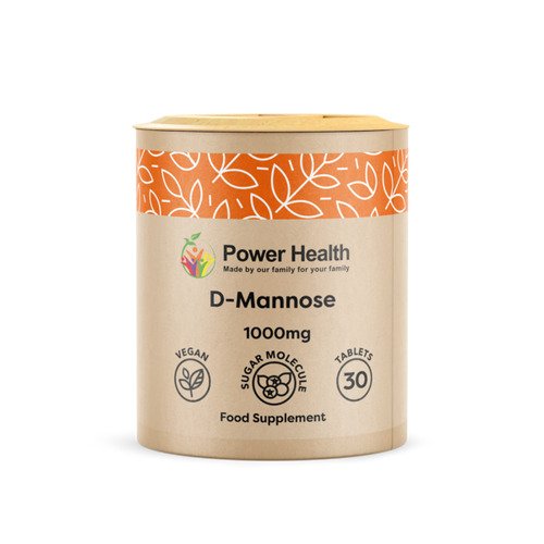 Image of Power Health Power D-Mannose 1000mg supplement tablets, showcasing a bottle containing 30 tablets, illustrating a natural food supplement made from D-Mannose derived from cranberries, designed to help flush out Ecoli bacteria responsible for urinary tract infections by binding to bacteria and promoting their removal during urination, with accompanying packaging and product label details