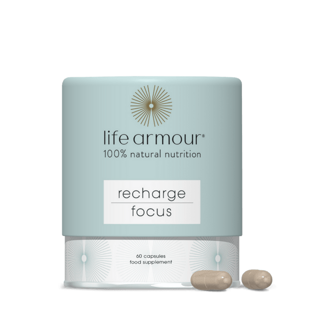A bottle of Life Armour Recharge Focus 60 vegan capsules featuring natural adaptogens and herbal ingredients for supporting energy and resilience