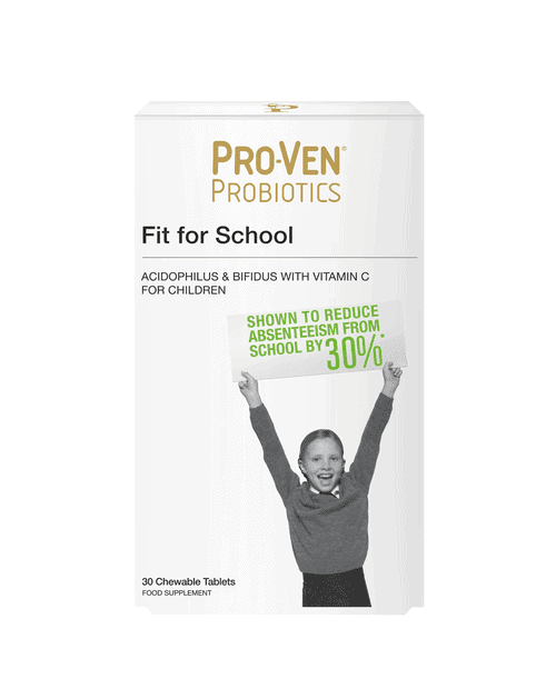 Chewable probiotic tablets designed for children aged 4-16, containing beneficial bacteria and vitamin C for immune support