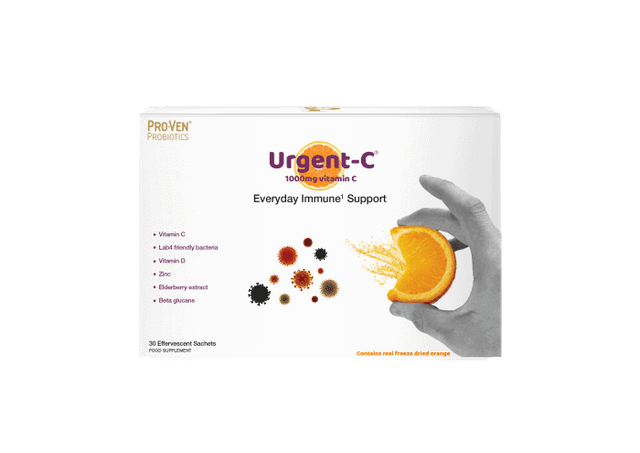 A close-up of Proven Urgent C Everyday Immune Support sachets, showing vibrant orange-flavoured effervescent powder packets designed for daily immune health support