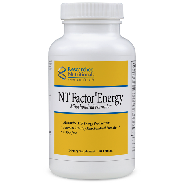 Researched Nutritionals NT Factor Energy 90Tabs supplement showing bottle with label and tablets