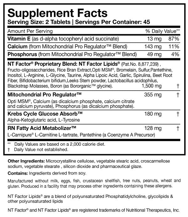 Close-up of two tablets from Researched Nutritionals NT Factor Energy showing detailed texture and ingredients