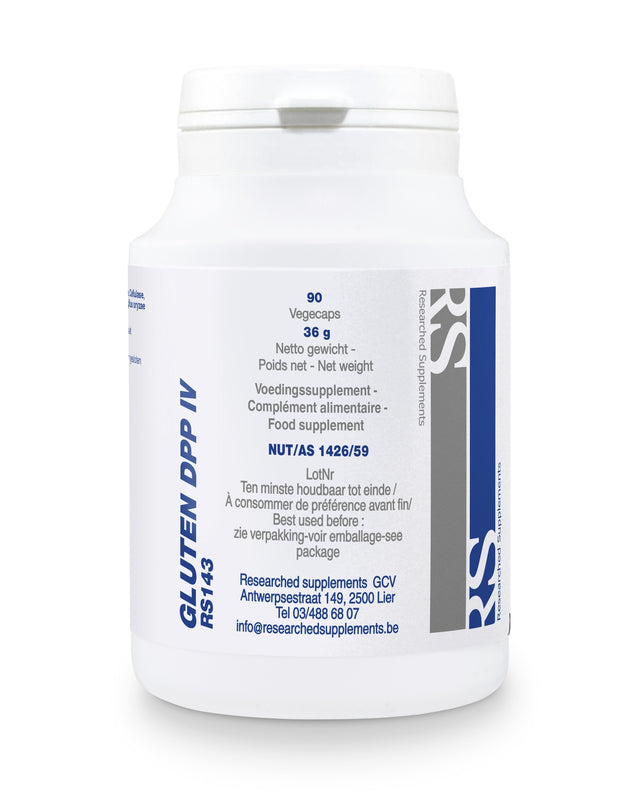 A close-up of a bottle of Researched Supplements Gluten DPP4 Complex capsules, showcasing 90 vegetarian capsules designed to support digestion and reduce intolerance symptoms related to gluten and casein intake