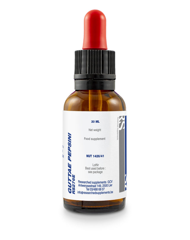 A 30ml bottle of Researched Supplements Guttae Pepsini liquid digestive support containing purified water, glycerol, hydrochloric acid 37%, and pepsine for addressing stomach acid deficiency and improving digestion