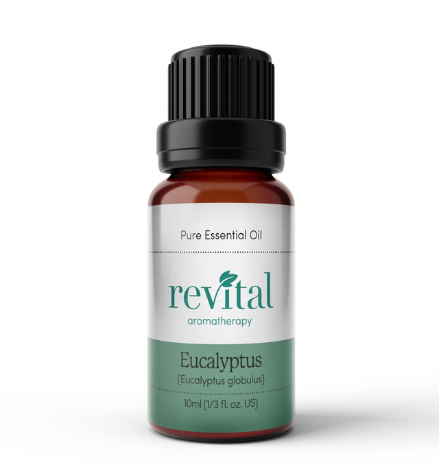 A close-up image of a 10ml bottle of Revital Pure Eucalyptus Essential Oil with fresh eucalyptus leaves surrounding it, highlighting its natural and calming qualities