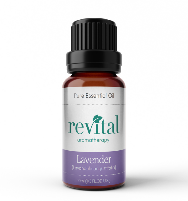 A 10ml bottle of Revital Pure Lavender Essential Oil, showcasing a clear glass container with a white cap, designed for its calming and relaxing properties to promote restful sleep and reduce stress