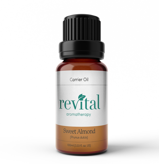 A 100ml bottle of Revital Sweet Almond Carrier Oil, showcasing its clear liquid in a transparent container