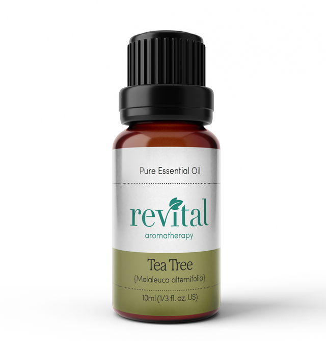 A 10ml bottle of Revital Pure Tea Tree Essential Oil, featuring clear packaging and a green label, highlighting its natural origin from Melaleuca alternifolia leaves, with a focus on its antibacterial and antiseptic properties for skincare and aromatic use