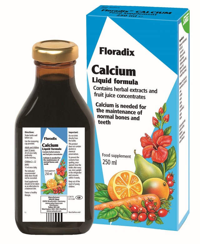 A bottle of Floradix Calcium liquid supplement with herbal and fruit extracts, designed for easy absorption to support healthy bones, teeth, muscle function, and blood clotting