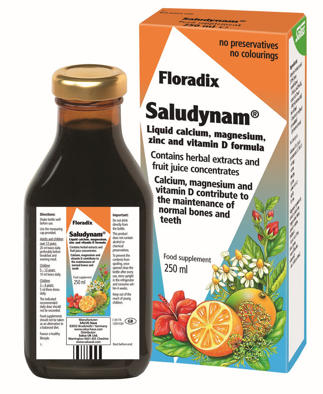 A 250ml bottle of Floradix Saludynam Liquid Calcium Mag Zinc Formula showing the colourful labelled packaging with a glass of the liquid supplement and fresh fruit slices, highlighting its natural fruit juice concentrates, herbal extracts, and nutritional ingredients designed to support healthy bones, teeth, and overall wellbeing