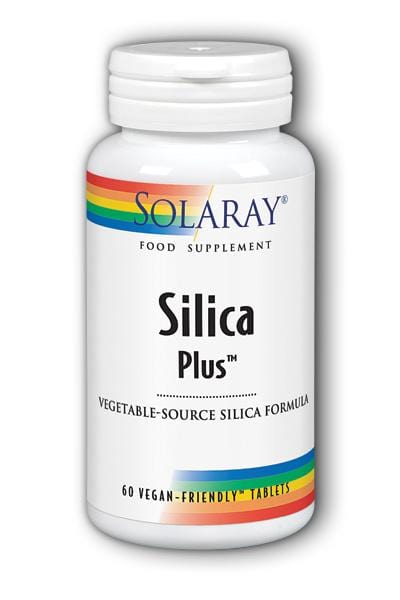 A bottle of Solaray Silica Plus supplement tablets alongside fresh hair, glowing skin, and healthy nails, highlighting benefits for connective tissue support