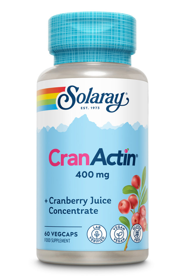 A close-up of Solaray CranActin 60 vegetarian capsules made from cranberry extract for urinary tract health