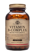 Close-up of Solgar B-Complex with Vitamin C tablets and detailed product information on the label