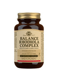A close-up image of Solgar Balance Rhodiola Complex 60 veggie capsules containing a blend of vitamins, minerals, and adaptogenic botanicals