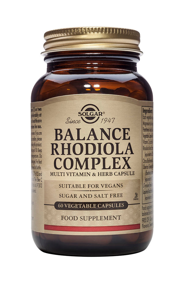 An illustration showing the Solgar Balance Rhodiola Complex bottle alongside natural botanical ingredients like Rhodiola root, Siberian ginseng, and vegetables, highlighting its comprehensive adaptogen formula