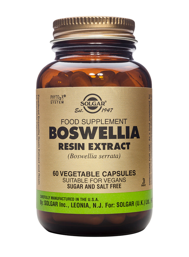 Close-up of Solgar® Boswellia Resin Extract bottle showcasing the label and capsules, emphasizing its herbal, anti-inflammatory properties
