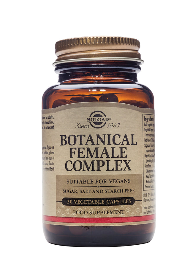 An image illustrating the supplement's ingredients including red clover, sage leaf, hops, turmeric, dandelion, and other plant extracts in a natural setting