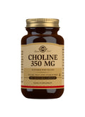 Bottle of Solgar Choline Vegicaps 350mg showing 100 vegetable capsules in a clear container