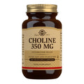 Close-up of Solgar Choline Vegicaps 350mg capsules highlighting their vegetable capsule shell and label details