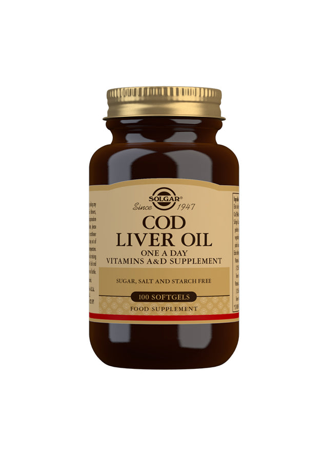Richly detailed Solgar Cod Liver Oil Softgels bottle showing the product label and softgel capsules inside a clear container