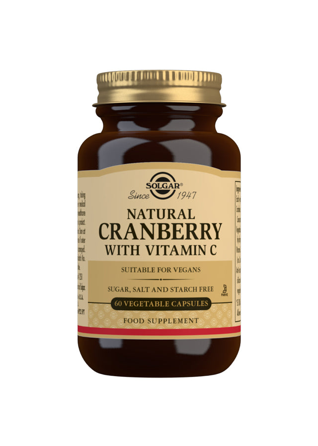 A close-up of Solgar Cranberry Extract with Vitamin C in 60 vegetarian capsules, showcasing the supplement's packaging and capsules containing cranberry powder and vitamin C, designed to support immune health and antioxidant protection