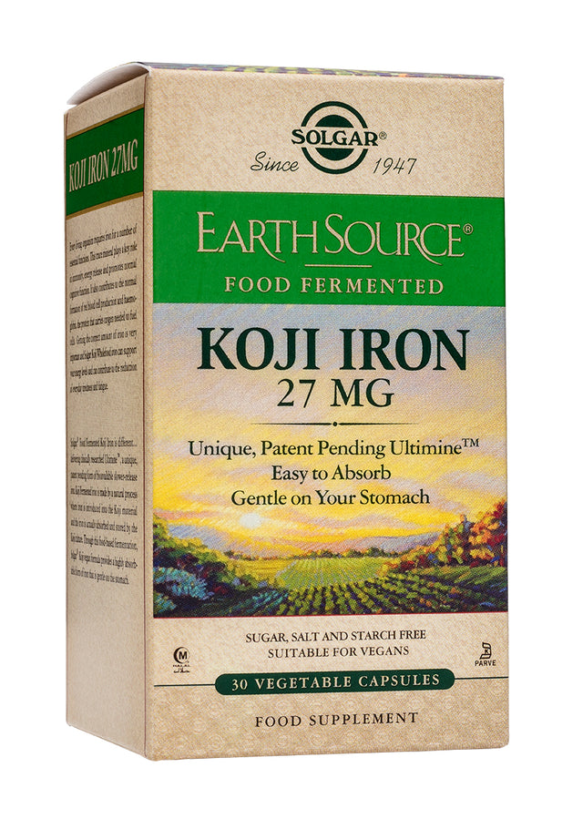Solgar Earth Source Food Fermented Koji Iron capsules containing 27 mg of bioavailable, slow-release iron in vegetable capsules