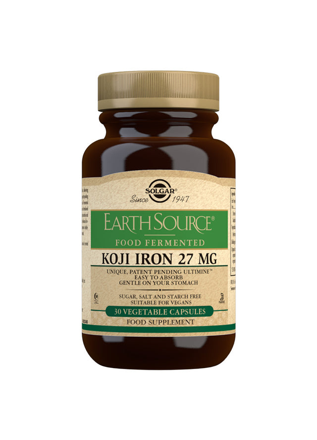 Close-up of Solgar Earth Source Koji Iron supplement bottles highlighting the product label and capsules inside
