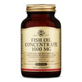 Close-up of Solgar Fish Oil Concentrate 1000mg softgel capsules arranged neatly, highlighting the natural fish oil content and their protective gelatin shells