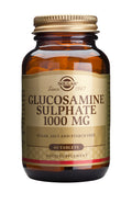 Close-up of Solgar Glucosamine Sulfate 1000mg tablets showing packaging and product label for joint support