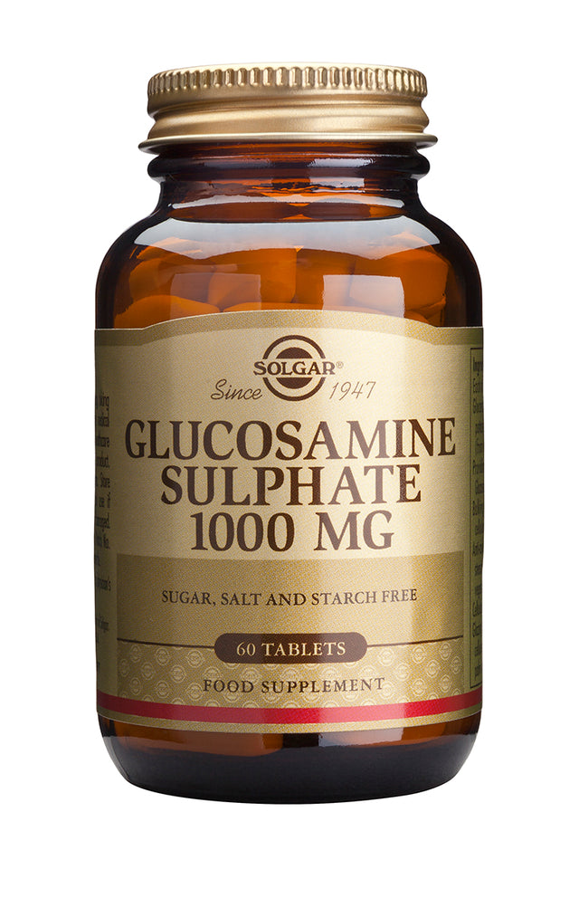 Close-up of Solgar Glucosamine Sulfate 1000mg tablets showing packaging and product label for joint support