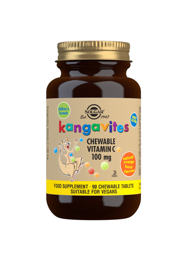 A close-up image of Solgar Kangavites Chewable Vitamin C tablets featuring a colourful container, showing a child-friendly, orange-flavoured chewable vitamin C with 90 tablets designed to support children's immune health, bone and skin collagen, and reduce fatigue