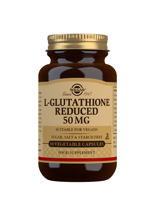 A bottle of Solgar L-Glutathione Reduced 50mg capsules with label details visible