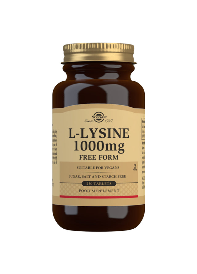 A close-up of a bottle of Solgar L-Lysine 1000mg tablets, showing the label and 250 tablets inside the container, highlighting the supplement's presentation and packaging