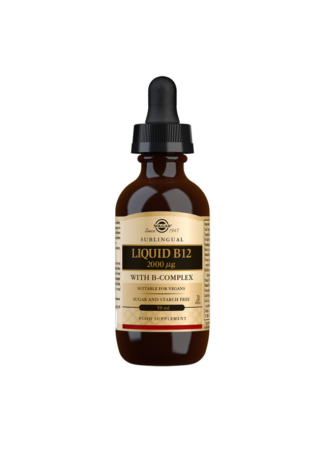 Liquid B-12 supplement in a clear glass dropper bottle with a blue label highlighting B-Complex and 2000µg potency