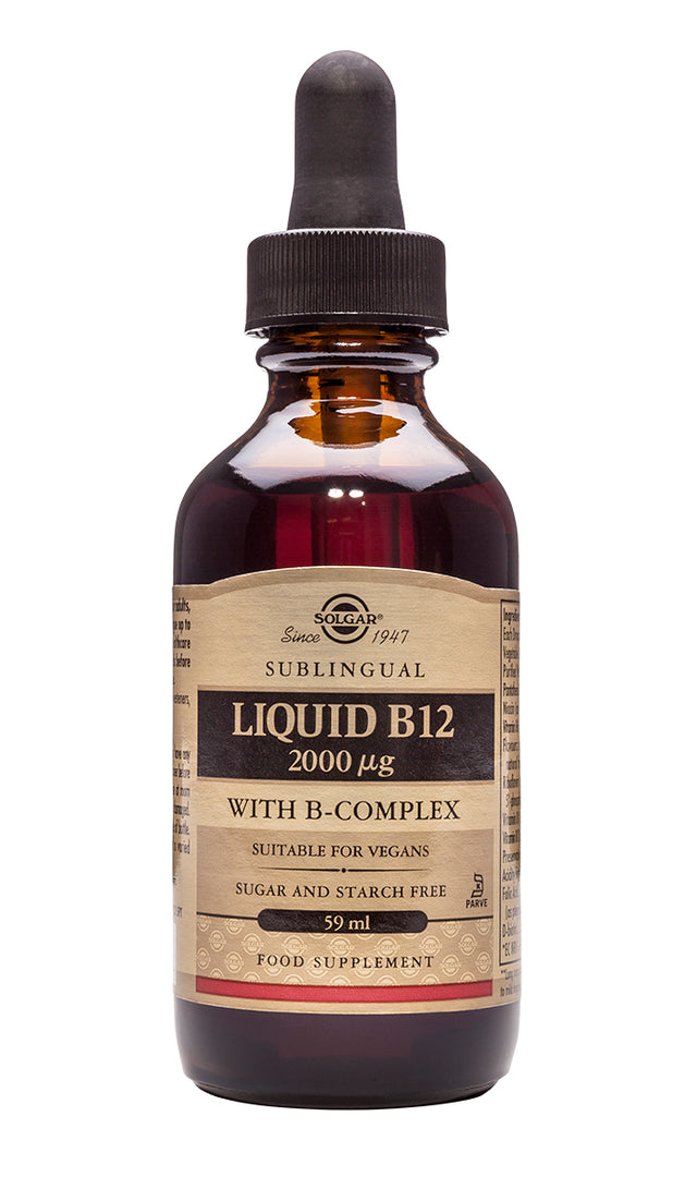 Close-up of Solgar Liquid B-12 with B-Complex bottle showing detailed label and transparent dropper for easy dosing
