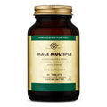 Close-up of Solgar Male Multiple Tablets packaging, highlighting vegan and allergen-free features