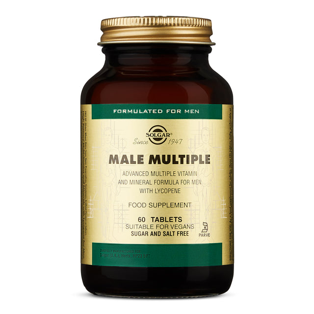 Close-up of Solgar Male Multiple Tablets packaging, highlighting vegan and allergen-free features