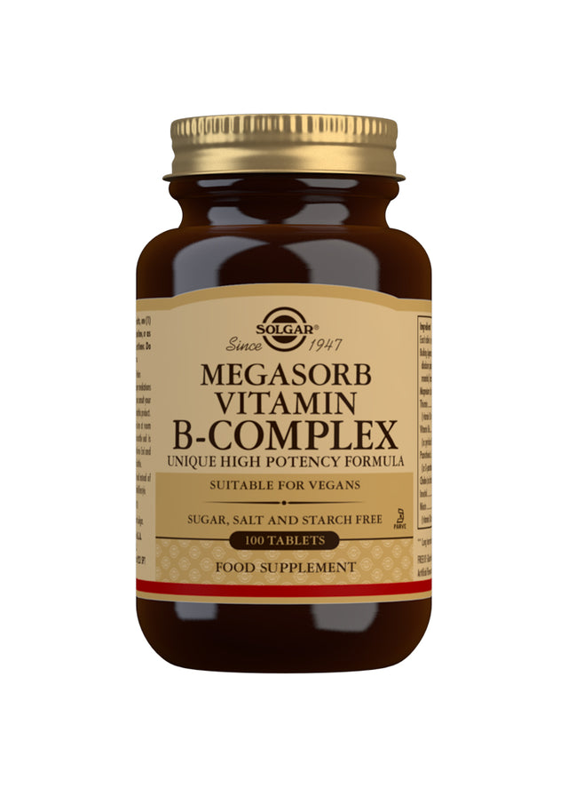 A close-up of Solgar Megasorb Vitamin B-Complex 100 tablets container showing the label with detailed product information and active ingredients for energy support and nervous system health