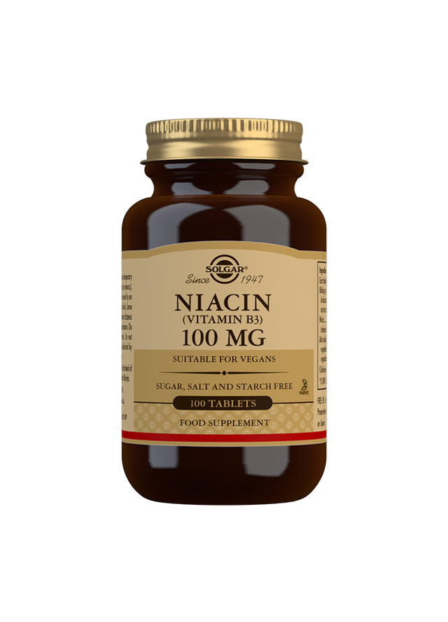 A close-up of a bottle of Solgar Niacin 100mg tablets with a clear label showing the product name and dosage