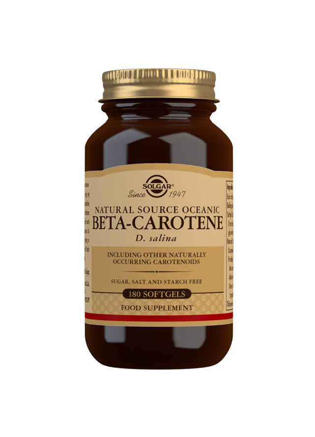 A close-up of Solgar Oceanic Beta Carotene 7mg softgel capsules, highlighting the natural sea algae source and vibrant orange colour
