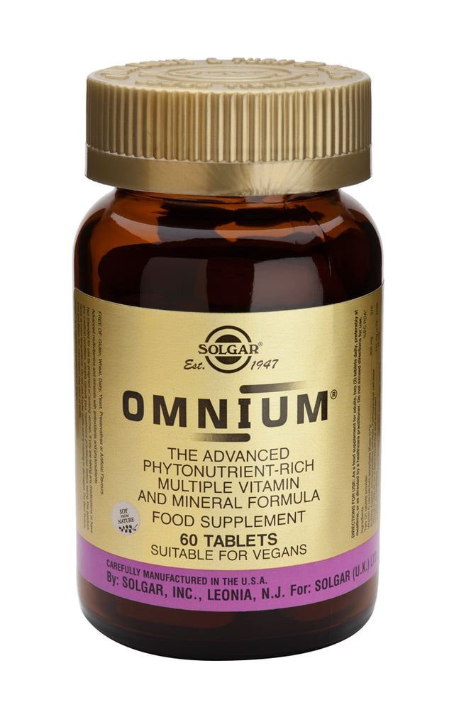 Two Solgar Omnium (Multi phytonutrient) tablets showcasing comprehensive nutrient blend for daily vitality and active lifestyle support